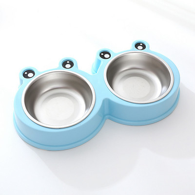 Cast dublu pentru pisici de companie din oțel inoxidabil PP, în formă de broască de desene animate, tavă de băut, hrănitor, rezistent la picături, bol de hrănire durabil pentru animale de companie