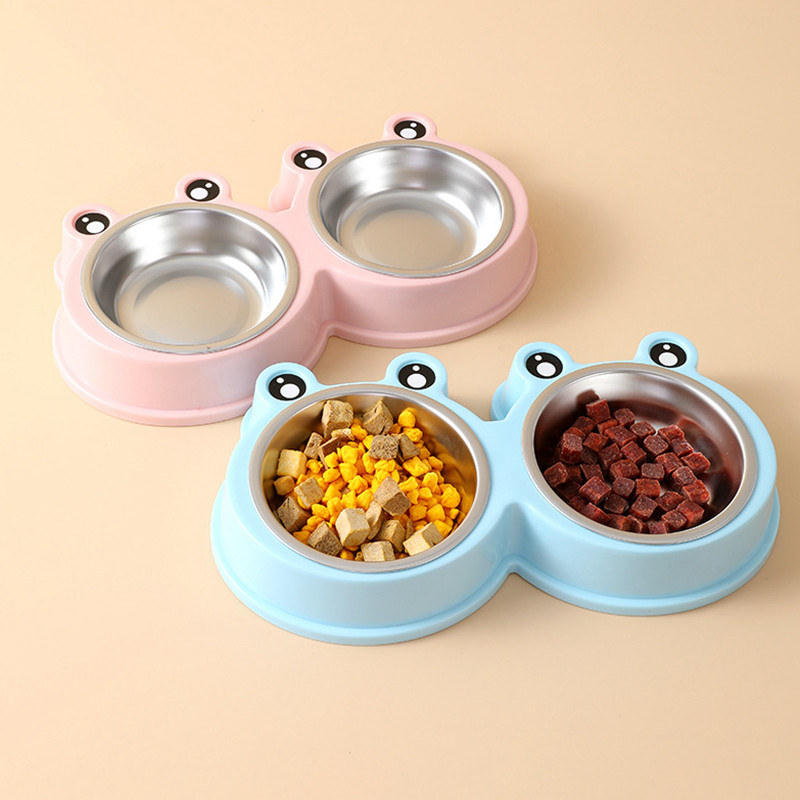 Cast dublu pentru pisici de companie din oțel inoxidabil PP, în formă de broască de desene animate, tavă de băut, hrănitor, rezistent la picături, bol de hrănire durabil pentru animale de companie