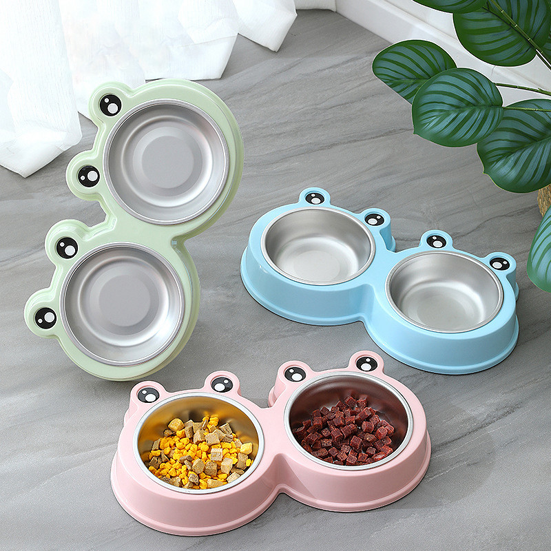 Cast dublu pentru pisici de companie din oțel inoxidabil PP, în formă de broască de desene animate, tavă de băut, hrănitor, rezistent la picături, bol de hrănire durabil pentru animale de companie