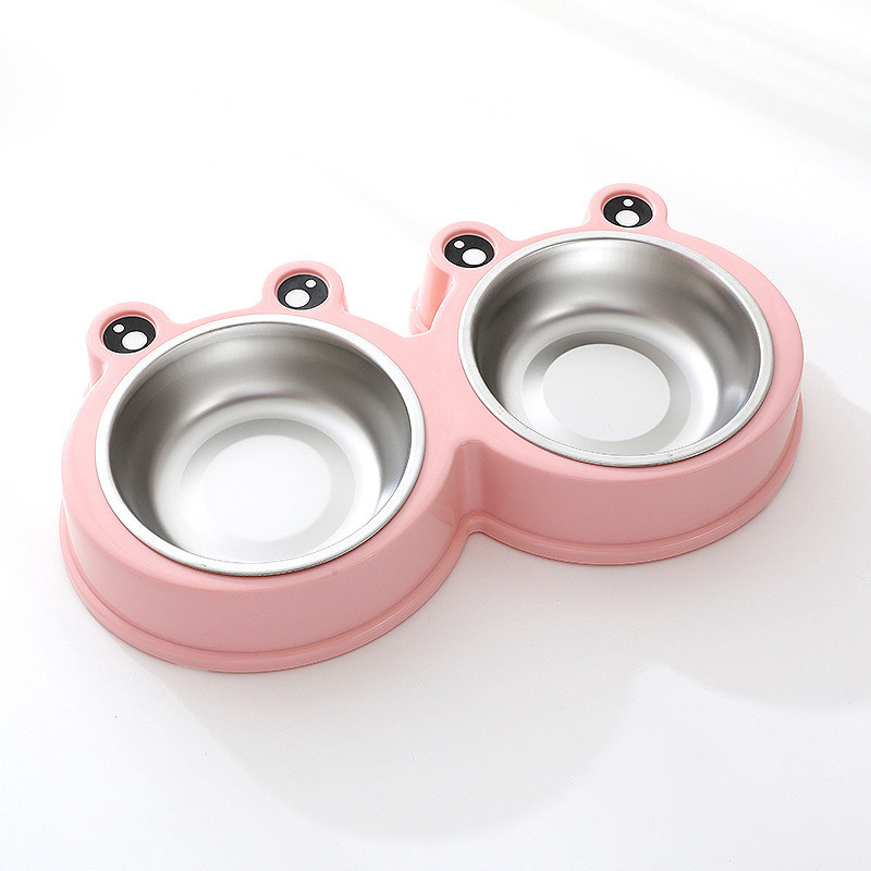 Cast dublu pentru pisici de companie din oțel inoxidabil PP, în formă de broască de desene animate, tavă de băut, hrănitor, rezistent la picături, bol de hrănire durabil pentru animale de companie