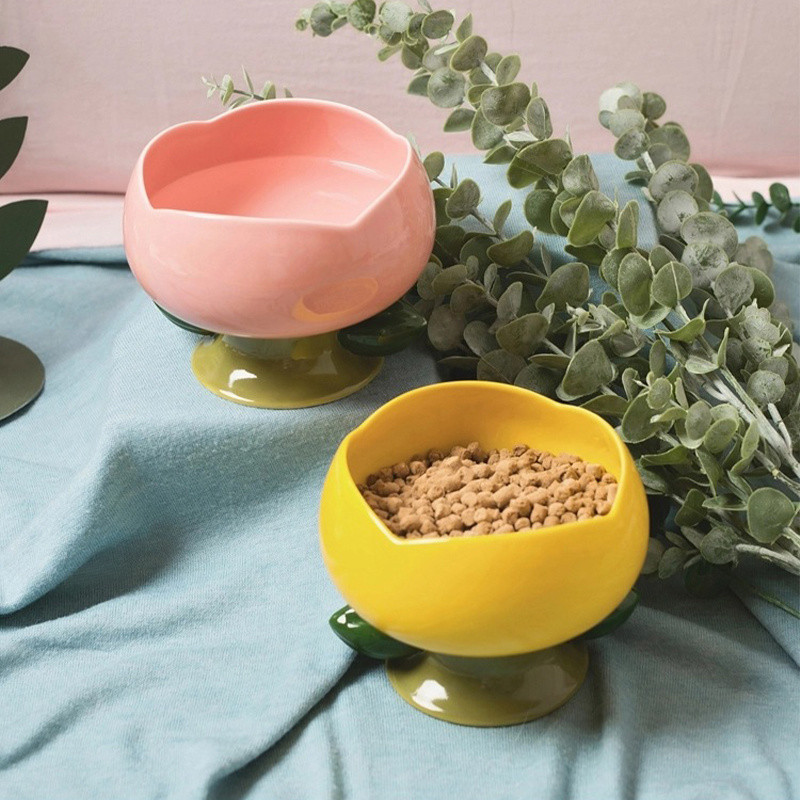 Bol din ceramică pentru pisici, în formă de floare pentru animale de companie, cu picioare înalte, lighean pentru hrănire.