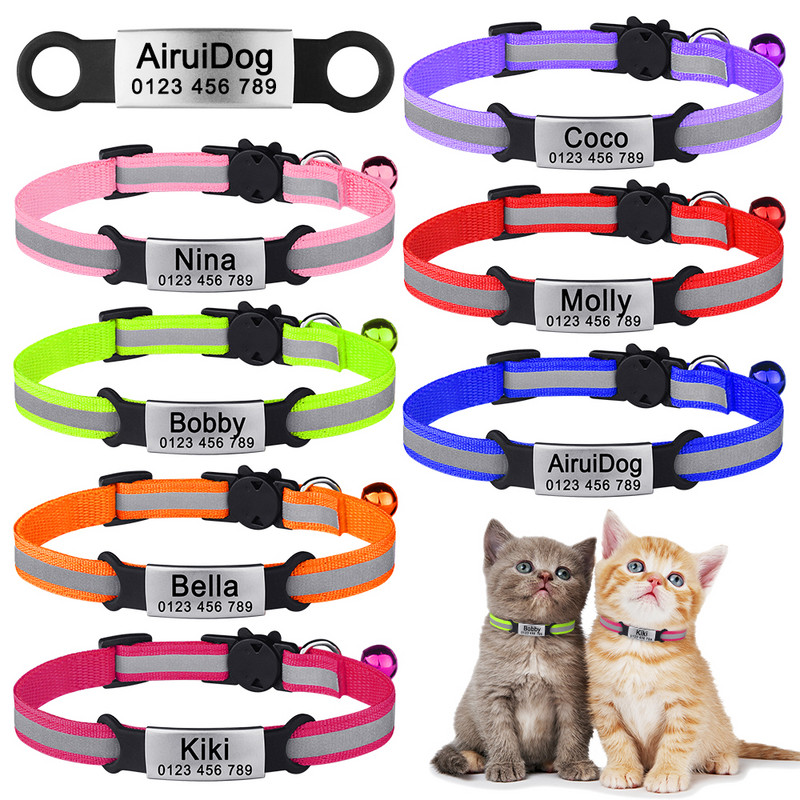 Guler reflectorizant reglabil pentru pisici Clopoțel Produse pentru animale de companie Guler pentru pisici mici Materiale unisex pentru pisoi Etichetă personalizată de identificare pentru pisici Guler pentru câini mici