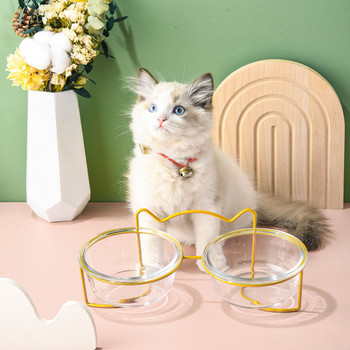 Двойна купа за котка Стъкло със стойка и постелка Коте за домашни любимци Кученце Прозрачна чиния за хранене Хранилка за вода Метални повдигнати консумативи за кучета