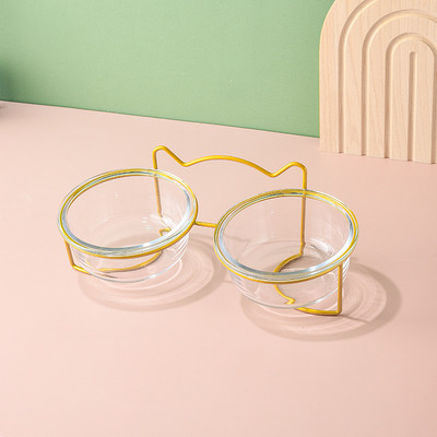 Sticlă cu castron dublu pentru pisici cu suport și covoraș pentru animale de companie Pisicuțe Cățeluș Vase de hrănire transparentă pentru hrănire Hrănitor de apă Suporturi metalice pentru câini