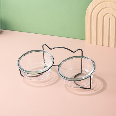 Sticlă cu castron dublu pentru pisici cu suport și covoraș pentru animale de companie Pisicuțe Cățeluș Vase de hrănire transparentă pentru hrănire Hrănitor de apă Suporturi metalice pentru câini