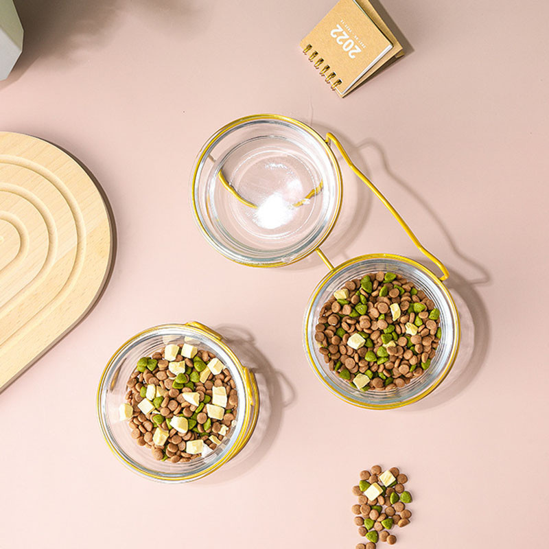 Sticlă cu castron dublu pentru pisici cu suport și covoraș pentru animale de companie Pisicuțe Cățeluș Vase de hrănire transparentă pentru hrănire Hrănitor de apă Suporturi metalice pentru câini