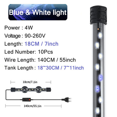 Akvariumo apšvietimas LED augalų auginimo lempa vandeniui atsparus žuvų tanko apšvietimas 18-58cm povandeninių akvariumų dekoro apšvietimas 90-260V 5730lustas