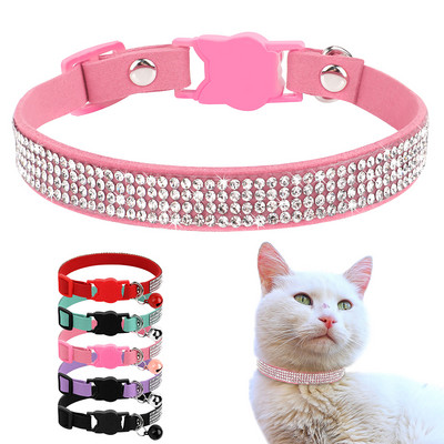 Котешка яка от мека велурена кожа Bling Rhinestone Cats Collars with Bell Safety Breakaway Pet Puppy Колие Adjustable XS S Pink