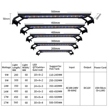 LED осветление за аквариум с пълен спектър 20-63 см 110V-240V външен контролер, с разтегателни скоби, светлина за аквариум