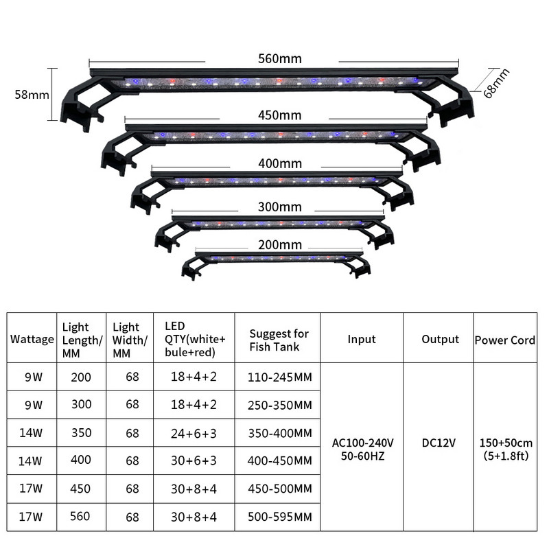 Viso spektro pasodinto akvariumo LED apšvietimas 20-63cm 110V-240V išorinis valdiklis, su ištraukiamais laikikliais, Akvariumo apšvietimas