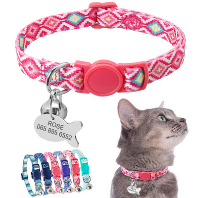 Egyedi biztonsági macskanyakörv Személyre szabott aranyos cica kölyök nyakörvek csengővel névcímkével Nylon Print Pet Cats nyaklánc kiegészítők