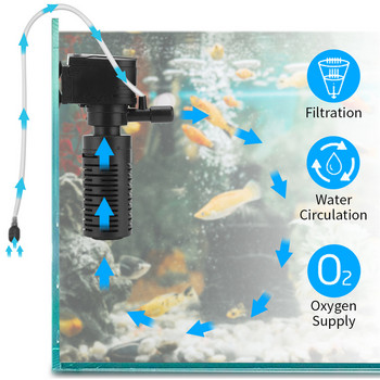 Вътрешен филтър за аквариум 3 в 1 Водна помпа с повишена кислородна филтрация Мини потопяем филтър за аквариум 60L-180L 200L/H