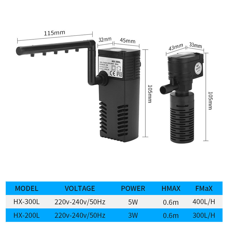Filtru intern pentru acvariu 3 în 1, cu creșterea oxigenului, pompă de apă, mini filtru submersibil pentru rezervor de pește, potrivit 60L-180L 200L/H