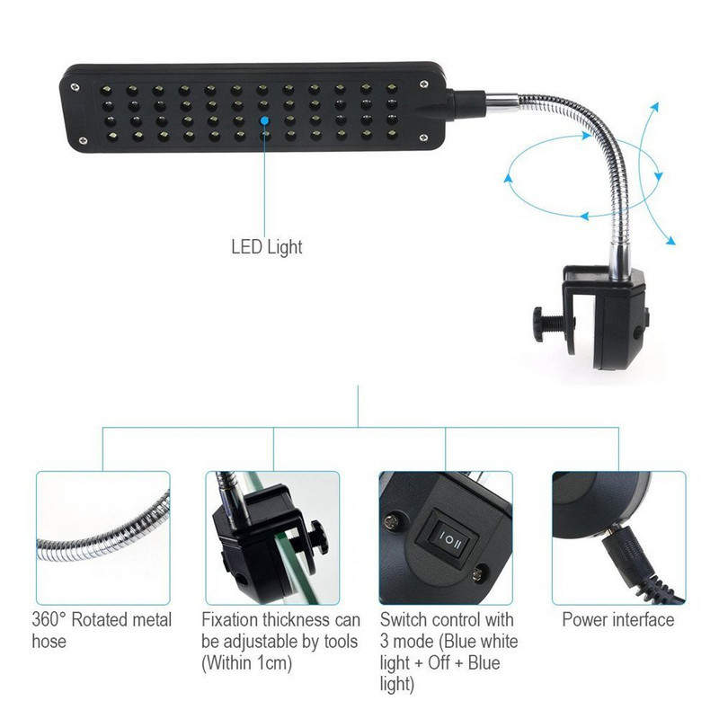 NICREW 100V-240V akvaariumi klambriga lamp Akvaariumi LED-valgusti akvaariumi taimede kasvatamiseks 48 LED-iga reguleeritavad sinised valged tuled