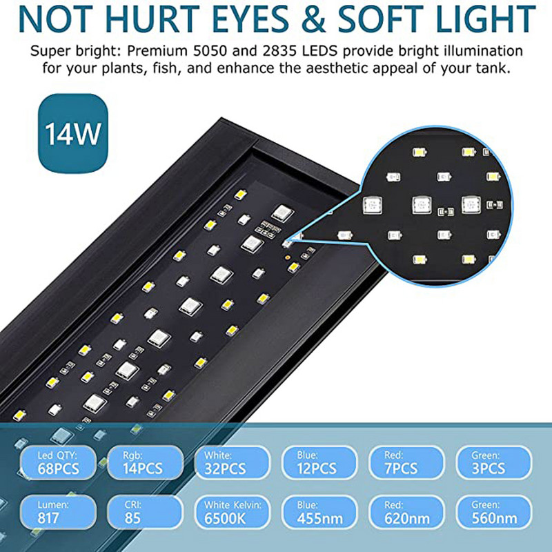 Clip pentru pești de acvariu Lumină 14w cu led reglabil pentru acvariu Lampă de coral pentru iluminat profesional pentru pești