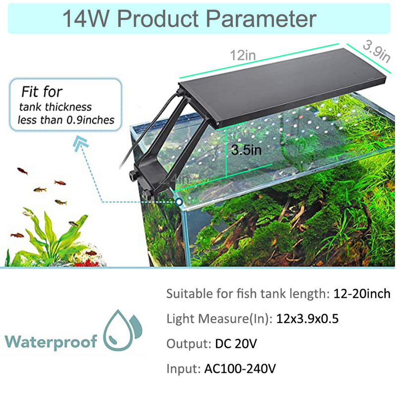 Clip pentru pești de acvariu Lumină 14w cu led reglabil pentru acvariu Lampă de coral pentru iluminat profesional pentru pești