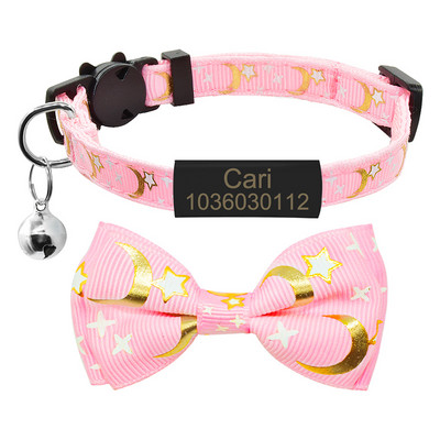 Personalizirana slatka leptir mašna Ogrlica s mačjom ogrlicom Prilagođena pločica s imenom Sigurnosna zvijezda koja se odvaja od Mjeseca Mačka s mašnicom Ogrlica zvono