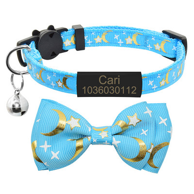 Personalizirana slatka leptir mašna Ogrlica s mačjom ogrlicom Prilagođena pločica s imenom Sigurnosna zvijezda koja se odvaja od Mjeseca Mačka s mašnicom Ogrlica zvono
