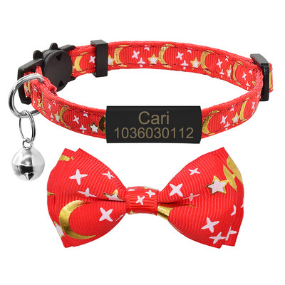 Personalizirana slatka leptir mašna Ogrlica s mačjom ogrlicom Prilagođena pločica s imenom Sigurnosna zvijezda koja se odvaja od Mjeseca Mačka s mašnicom Ogrlica zvono