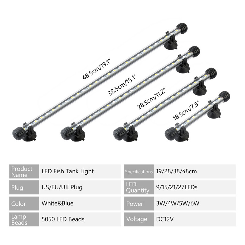 μπλε/λευκό 19/28/38/48cm υποβρύχιο φωτιστικό φωτιστικό ενυδρείου led ελαφρύ μπαστούνι για δεξαμενή ψαριών αδιάβροχο φωτιστικό