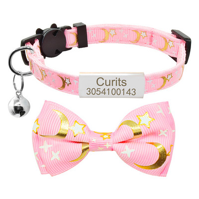Isikupärastatud kikilips kassi kaelarihma nimesilt Kohandatud nimesilt Ohutus Breakaway Armas Star Moon Bowknot kassi kaelarihm Bell kitty kaelakee