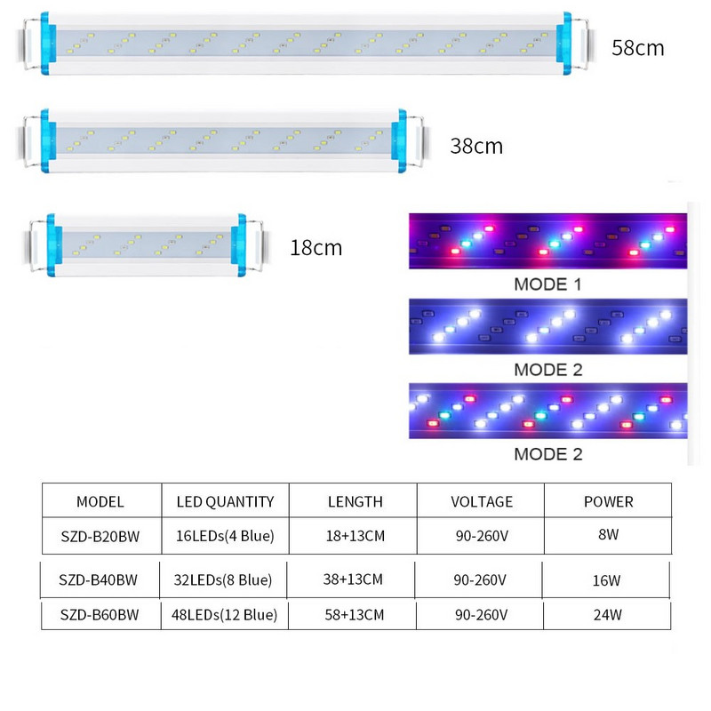 LED akvārija apgaismojums īpaši plāns gaismas stienis ar izvēršamu ūdensnecaurlaidīgu 3 režīmu ūdensaugu ainavu apgaismojuma klipu lampa