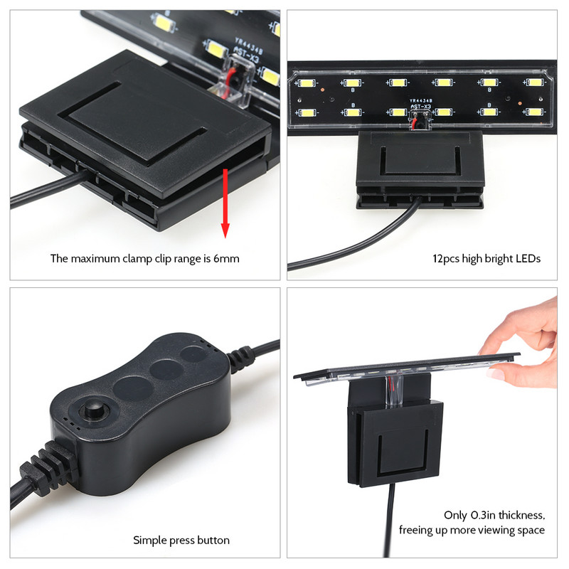 6W 12 LED με σφιγκτήρα φωτός ενυδρείου Λάμπα δεξαμενής ψαριών Λευκό φως Φορητό EU Plug AC220V Light Fish Jar Lamp Aquarium