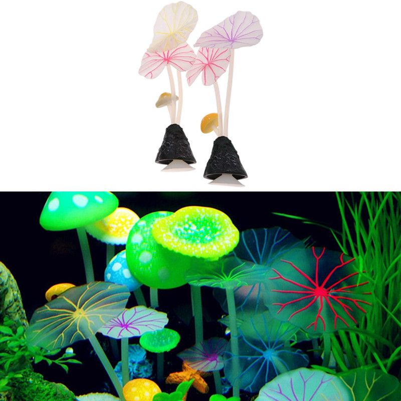 Ornament de ciupercă cu frunze de lotus strălucitoare artificiale fluorescente, plante luminoase din silicon, decor pentru acvariu, accesorii pentru rezervor de pește