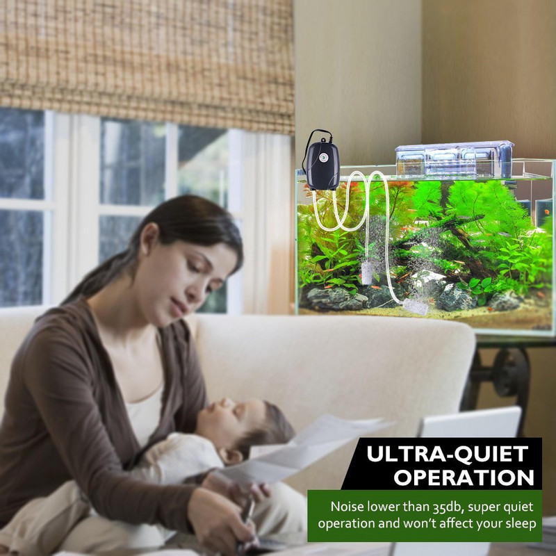 5W Ultra Silent Aquarium Air Aerator Pump for Fish Tank Nano Air Compressor with 2 Airstones 2M Silicone Tubes Hydroponics Pumps