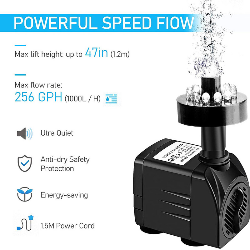 Pompă de apă submersibilă ultra-silențioasă de 15W cu 12 lumini LED pentru acvariu, fântână, pompă, filtru, rezervor de pește, iaz, pompă de apă cu LED D30