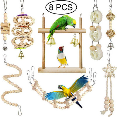 8 Πακέτα Κούνια παπαγάλου πουλί, Κρεμαστό παιχνίδι, φυσικό ξύλο κουδούνι Παιχνίδια κλουβιού πουλιών για παπαγάλους παπαγάλοι κοκατίλ Finches Budgie παπαγάλοι