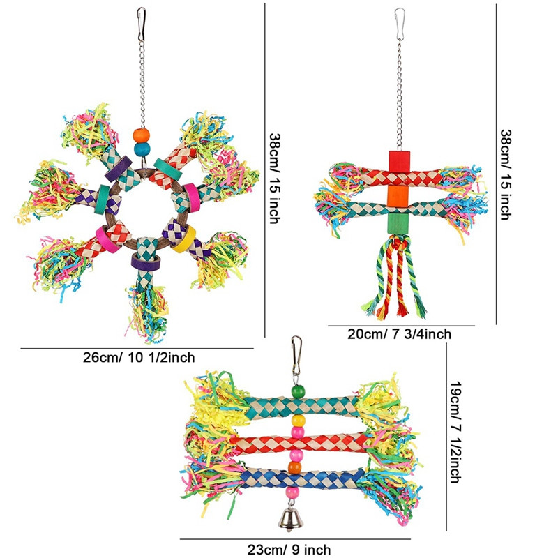 Παιχνίδια τεμαχισμού πουλιών, 5 τεμάχια πολύχρωμα παιχνίδια μπαμπού κρεμαστά παπαγάλοι μασούν ξύλινα μπλοκ, παιχνίδια αναζήτησης τροφής πουλιών για μικρομεσαίες