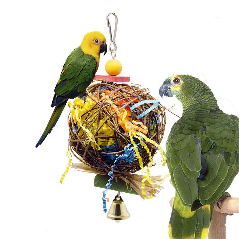 1 buc. Jucărie de păsări papagal, iarbă de mestecat, cușcă suspendată, leagăn, jucării de mestecat cu clopot, lemn natural, cadouri de Crăciun