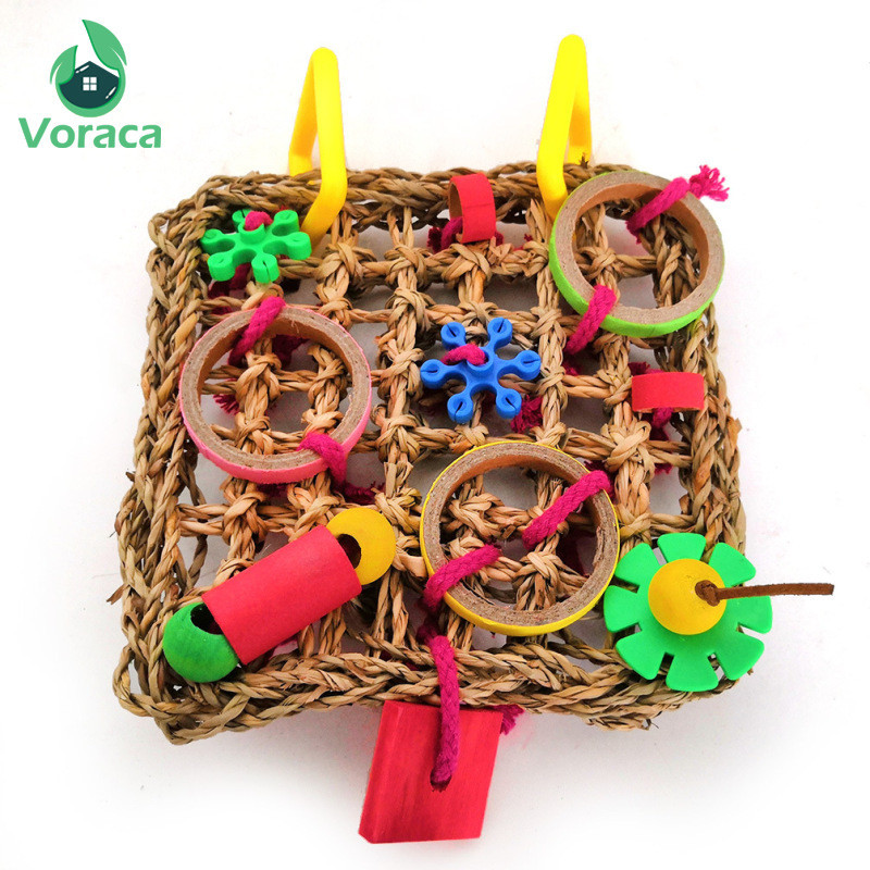Plasă pentru cățărare pentru păsări Jucării pentru papagali țesute iarbă de mare mușcătură agățată frânghie de cânepă leagăn Scară de joc Mesteca hrana Jucării amuzante colorate pentru papagali