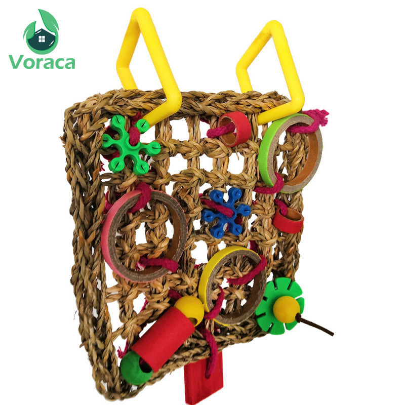 Plasă pentru cățărare pentru păsări Jucării pentru papagali țesute iarbă de mare mușcătură agățată frânghie de cânepă leagăn Scară de joc Mesteca hrana Jucării amuzante colorate pentru papagali
