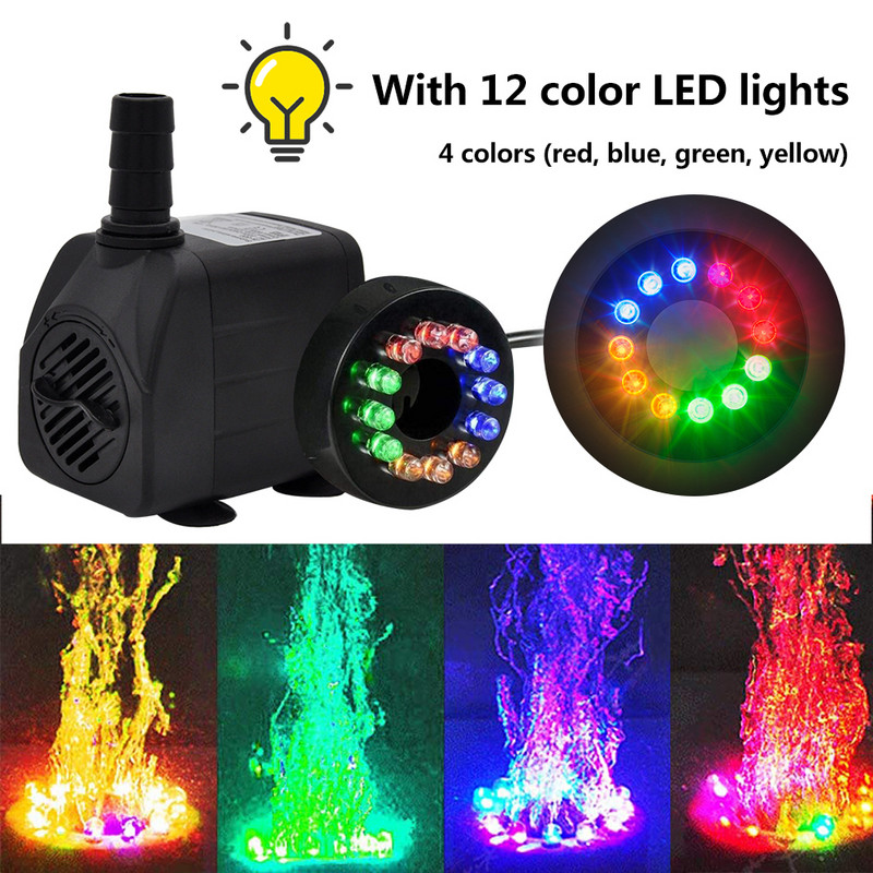220V 10W miniveepump 12-värvilise LED-valgusega Ülivaikne sukeldatav purskkaevupump kalatiigi akvaariumi akvaariumi jaoks
