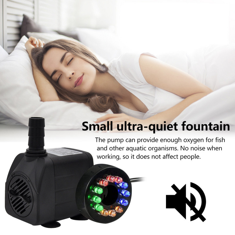 220V 10W miniveepump 12-värvilise LED-valgusega Ülivaikne sukeldatav purskkaevupump kalatiigi akvaariumi akvaariumi jaoks
