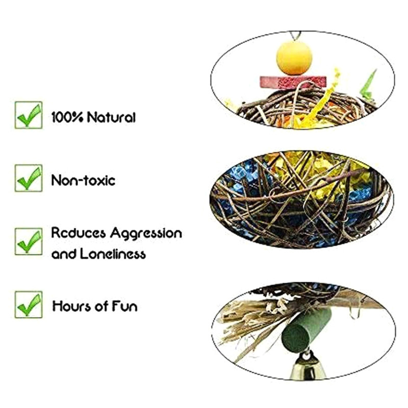 Papagoi purustaja paberimänguasjad Rippuvad rotangist palliga linnuhammustuse närimismänguasi koos kellukestega Budgie Cockatieli puuritarvikute jaoks
