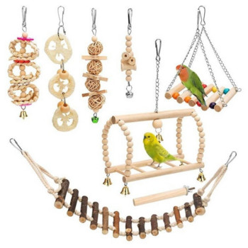 10PCS Parrot Bird Toys Дървени предмети Pet Bird Set Combination Toys For Parrot Ladder Training Bird Toy Swing Ball Bell Standing