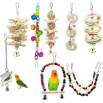 10PCS Parrot Bird Toys Дървени предмети Pet Bird Set Combination Toys For Parrot Ladder Training Bird Toy Swing Ball Bell Standing