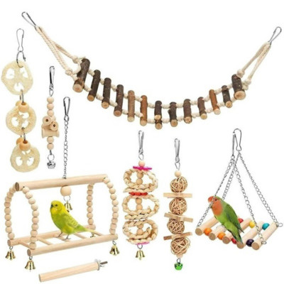 10PCS Parrot Bird Igračke Drveni artikli Kućni ljubimac Set Kombinirane igračke za papigu Ljestve za obuku Igračka ptica Ljuljačka Lopta Zvono Stoji