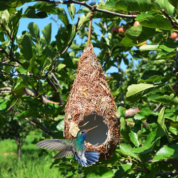 Естествена колиба за птици отвън Издръжливо ръчно плетено гнездо за нощувка Естествен тревен материал Гнездо за птици Къща за колибри