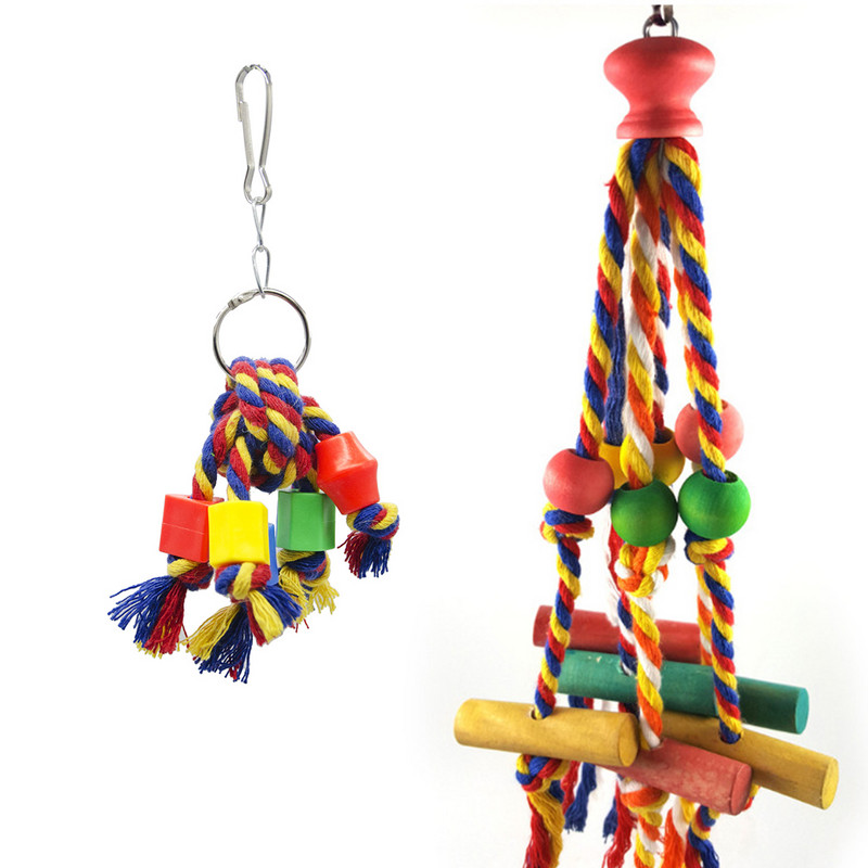 Jucărie de mestecat pentru papagal, păsări, biban din piele, bloc de construcție colorat, frânghie din bumbac, leagăn mare pentru pasăre de companie
