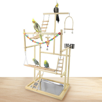 Детска площадка за дървени папагали Поставка за птици Кацалки Корели Фитнес зала с люлка Стълби Хранилка Играчки за хапки Влюбени птици Център за активност