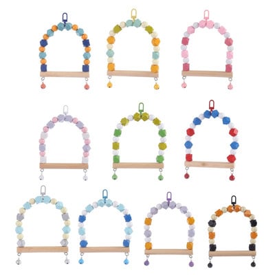 Q1JA Bird Swing Toy Wood Stand Perch Decorated with Colored Beads Cage Accessories