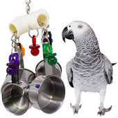 Jucărie pentru păsări pentru animale de companie, papagal, din oțel inoxidabil, 4 vase, șir, jucării de mestecat pentru mușcături de păsări, accesorii pentru animale de companie, cușcă din acril, pandantiv, furnituri pentru păsări