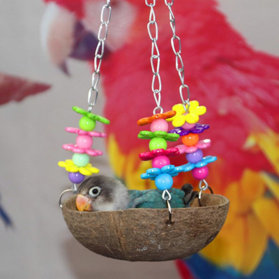 Putnu šūpoļu rotaļlieta mājdzīvnieku šūpuļtīkls Piekarināms putnu ligzdas būra gulta kokosriekstu čaumalas papagaiļa šūpoles putnu šūpoļu statīvs rotaļlietu barošanas aprīkojums