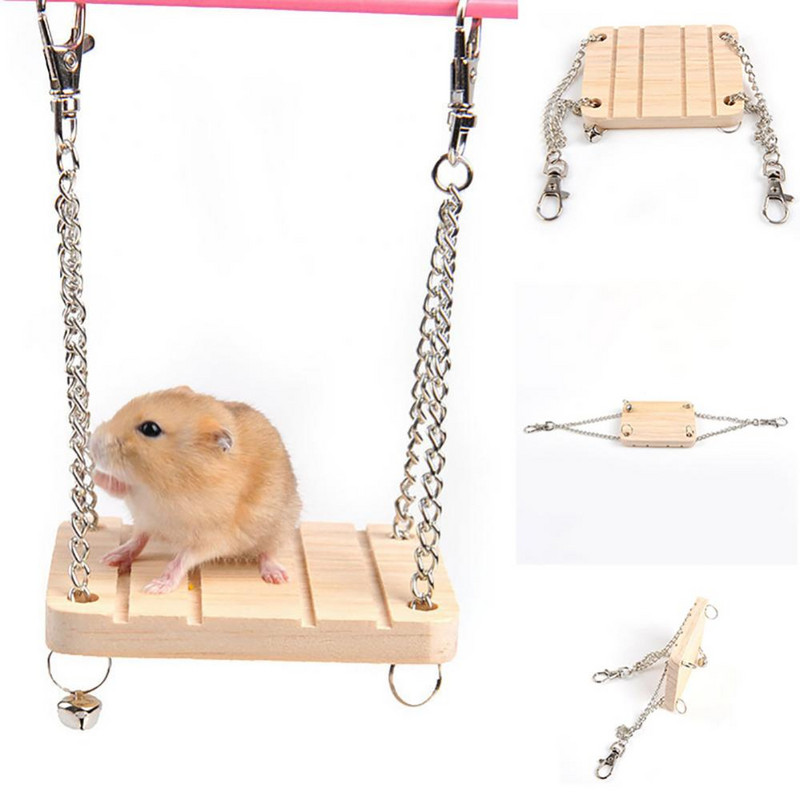 Fából készült függő hinta függőágy hörcsög mókus papagáj kisállat lánc harangjátékkal
