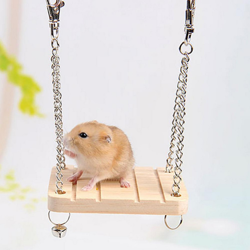 Fából készült függő hinta függőágy hörcsög mókus papagáj kisállat lánc harangjátékkal