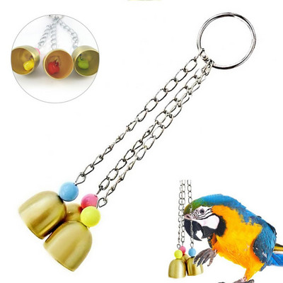 Pet Bird Parrot Pigeon Hanging Chain Garden Decoration Cage Stand Bite Playing Sound Toy Three Little Bells Toy With Golden Chai